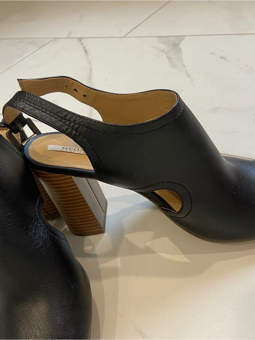 Geox Black Leather Slingback Block Heel Sandals